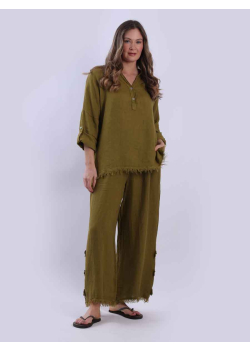 Women Solid Button Placket Linen Baggy Top