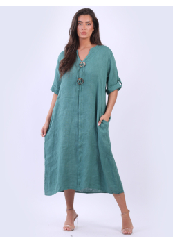 Italian Tabbed Sleeves Linen Lagenlook Midi Dress