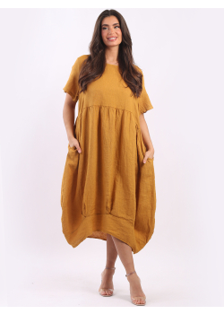 Made In Italy Plain Linen Balloon Hem Lagenlook Midi Dress