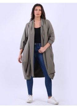 Italian Plain Plus Size Shawl Collar Open Front Cotton Cardigan