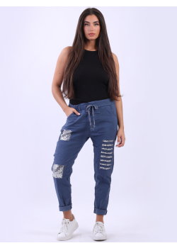 Italian Ladies Sequin Patches Ripped Plain Magic Pant
