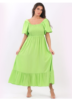 Italian Plain Puff Sleeves Shirred Maxi Summer Beach Dress