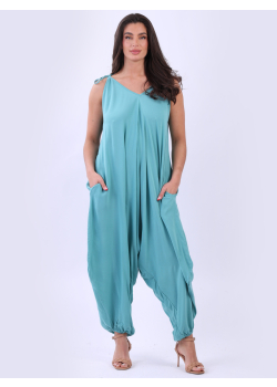 Pleated Tie Knot Shoulder Straps Lagenlook Plain Jumpsuit