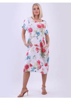 Italian Floral Classy Linen Side Ribbed Lagenlook Women Dress