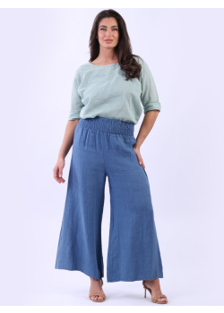 Italian Linen Wide Leg Shirred Palazzo Pant