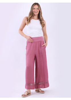 Made In Italy Solid Linen Crochet Hem Wide Leg Pant