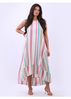 Italian Sleeveless Oversized Midi Linen Stripy Dress