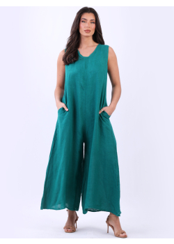 Italian V-Neck Sleeveless Linen Wide Leg Jumpsuit