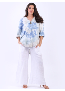 Italian Tabbed Sleeves Tie And Dye Linen Blouse 