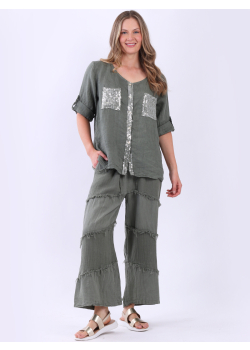 Italian Tabbed Sleeves Sequin Glitter Linen Top