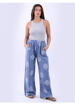 Italian Women Wide Leg Medallion Print Linen Trouser