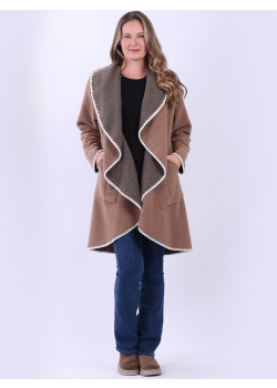Contrast Stitch Open Front Teddy Woolen Coat