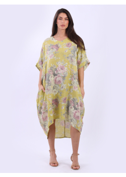 Women Oversized Floral Linen Hi-Lo Slouchy Dress