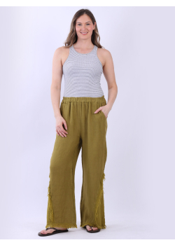 Plain Fringed Wide Leg Linen Trouser