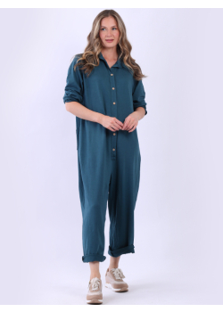 Italian Front Buttoned Wide Leg Cotton Jumpsuit
