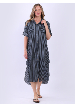 Oversized Button Front Collared Stripy Shirt Dress