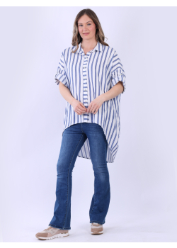 Plus Size Plain Stripy Cotton Hi-Lo Formal Shirt