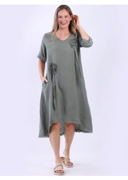 Oversized Flower Applique Raw Edges Linen Midi Dress