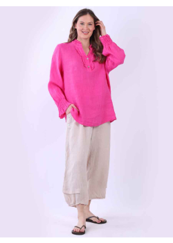 Women Ruffle Trim Placket Linen Top