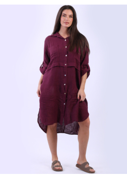 Solid Sequin Back Linen Collared Shirt Dress