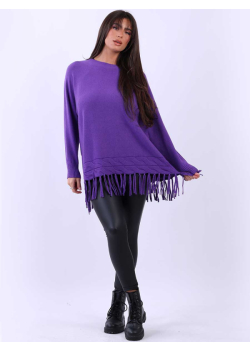 Trendy Fringe Hem Lagenlook Solid Knit Women Jumper