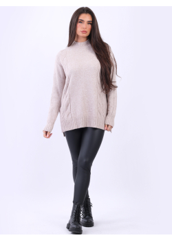 Ladies Funnel Neck Lagenlook Plain Cable Knit Trendy Jumper