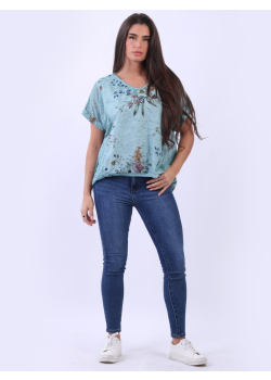 Floral Vintage Wash Crop Lagenlook Linen Top