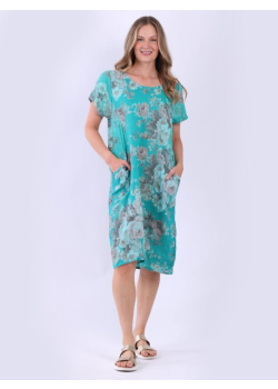 Italian Floral Linen Side Pockets Lagenlook Women Dress