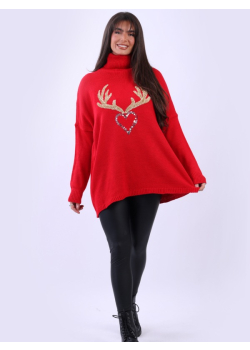 Italian Holiday Bliss Sequin Deer Heart Graphic Woolen Knit Jumper