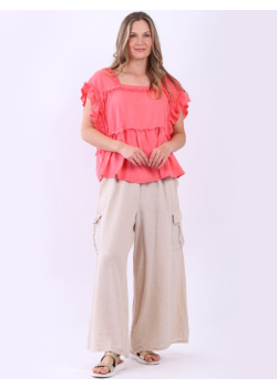 Italian Raw Edges Linen Solid Box Crop Blouse