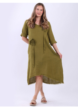 Oversized Flower Applique Raw Edges Linen Midi Dress