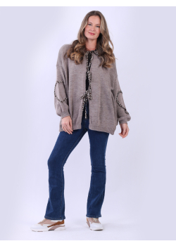 Drop Shoulder Leopard Trim Triple Tie Front Knit Cardigan