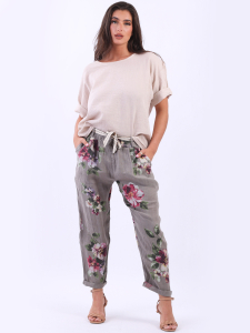 Italian Ladies Linen Floral Print Trouser