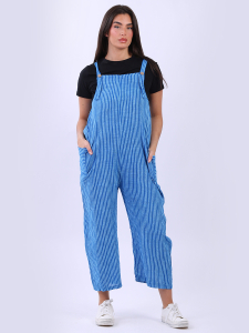 Stripy Print Buttoned Shoulder Straps Cotton Pabo Jumpsuit 