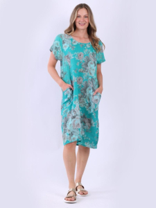 Italian Floral Linen Side Pockets Lagenlook Women Dress